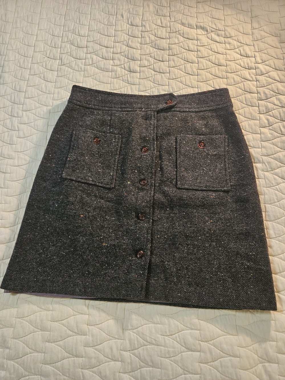 Charcoal Gray Academia Tweed Button-Front Mini Skirt with Patch Pockets